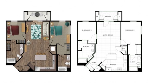 Floor plan for 2 beds, 2 baths, 1050 sqft